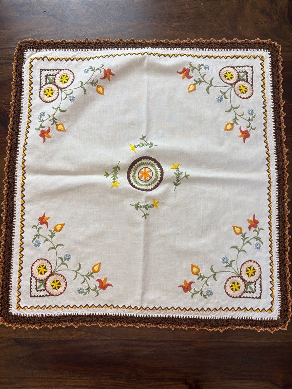 Vintage Swedish Embroidered Floral Tablecloth Runner Cream and Brown- Gorgeous!